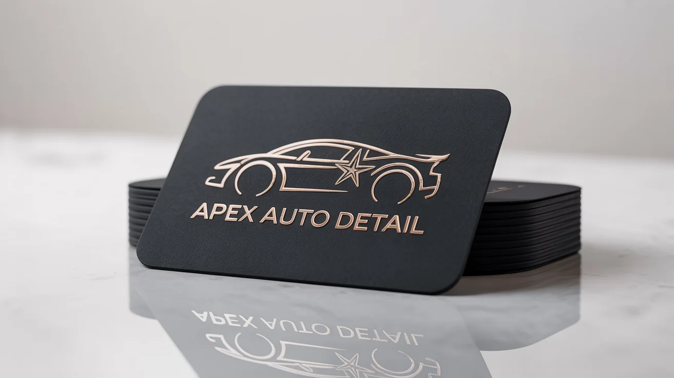 A photorealistic mockup of a luxury car detailing logo for 'Apex Auto Detail'. The elegant gold logo, featuring a sports car silhouette and a shine, is embossed on a matte black business card set against a pure white background.