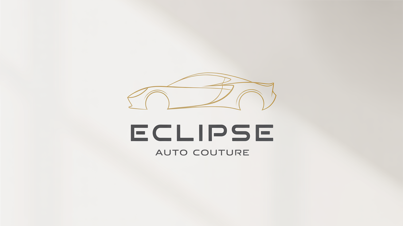 A minimalist logo for a luxury car detailing brand named 'ECLIPSE | AUTO COUTURE', featuring a golden abstract car silhouette on a white background.