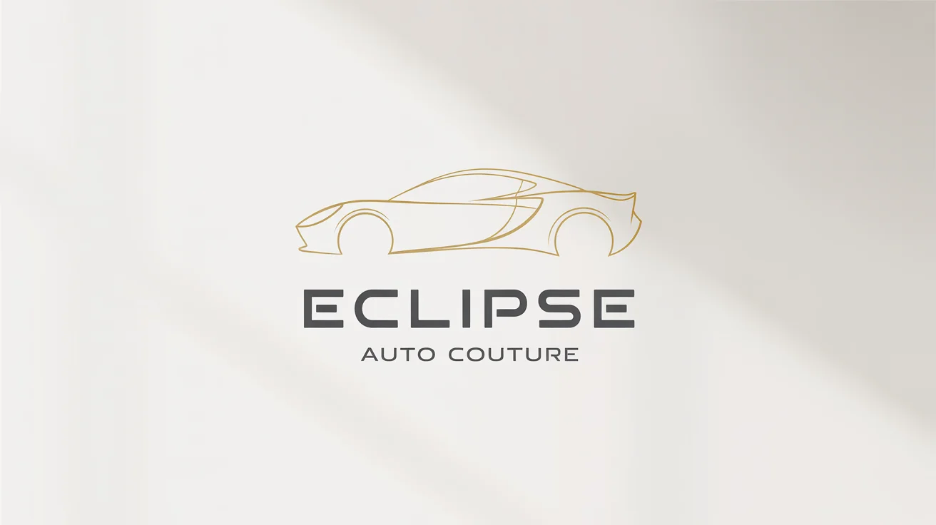 A minimalist logo for a luxury car detailing brand named 'ECLIPSE | AUTO COUTURE', featuring a golden abstract car silhouette on a white background.