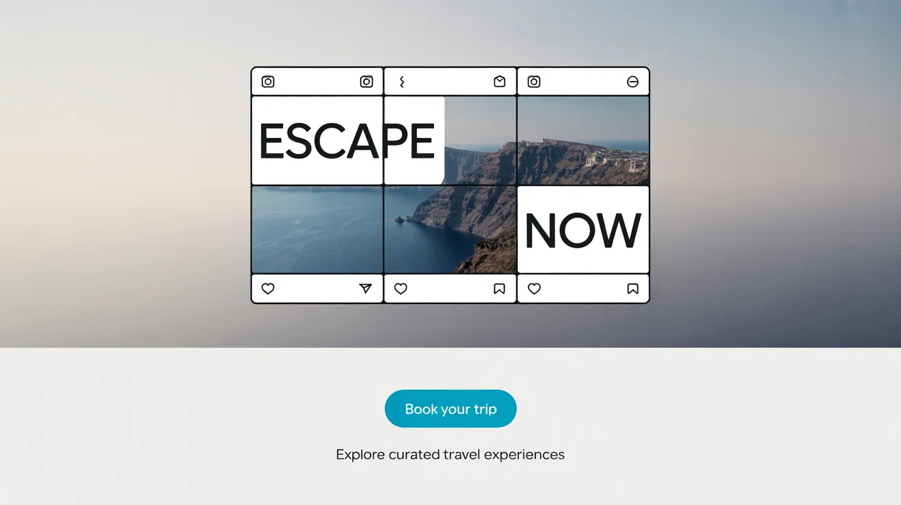 A hero image displaying a completed Instagram banner design, shown as six square posts arranged in a grid to create a single, large, stylish photo of a travel scene.