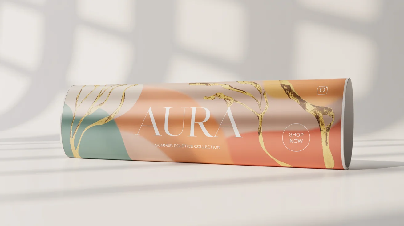 A mockup of a chic Instagram banner for a fashion brand called 'Aura'. The banner, set against a white background, advertises the 'Summer Solstice Collection' with a 'Shop Now' button.
