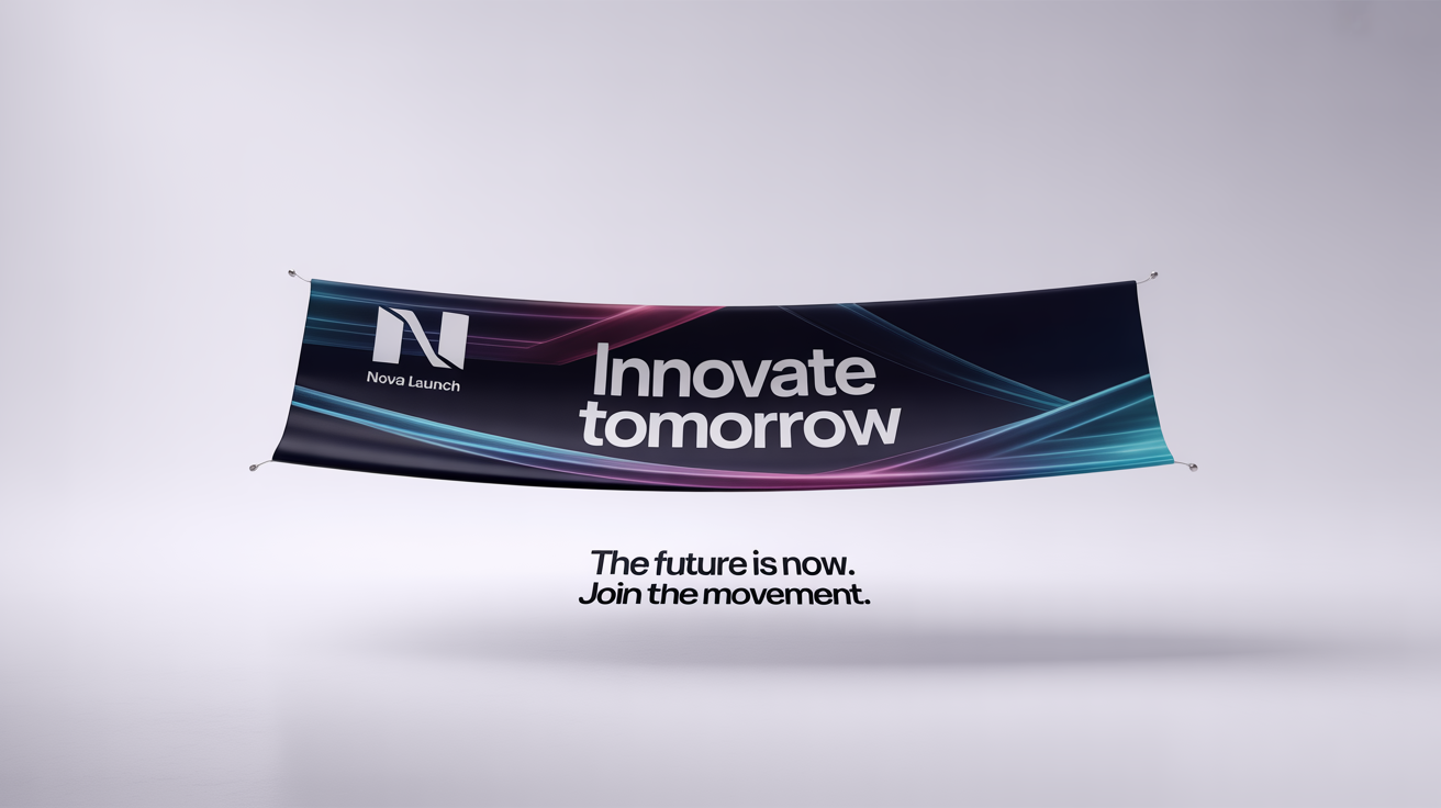 A mockup of a wide, modern Instagram banner for a tech company, featuring the text 'Innovate Tomorrow' in white on a dark blue background with glowing lines, set against a white backdrop.