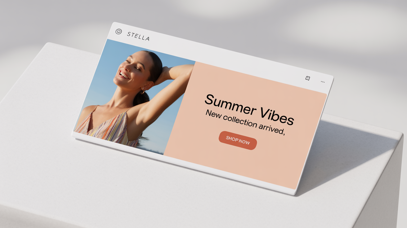 A mockup of a stylish Instagram banner for a fashion brand's new summer collection, featuring a photo of a model and the text 'SUMMER VIBES' and 'SHOP NOW' on a white background.