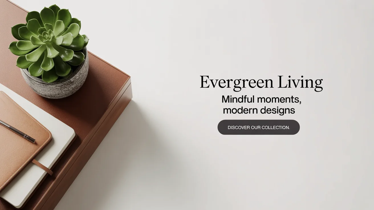 A mockup of a chic and modern Instagram banner for a lifestyle brand named 'Evergreen Living'. The banner, set against a white background, features a photo of a plant and journal, with the text 'Mindful Moments, Modern Designs' and 'Discover Our Collection'.