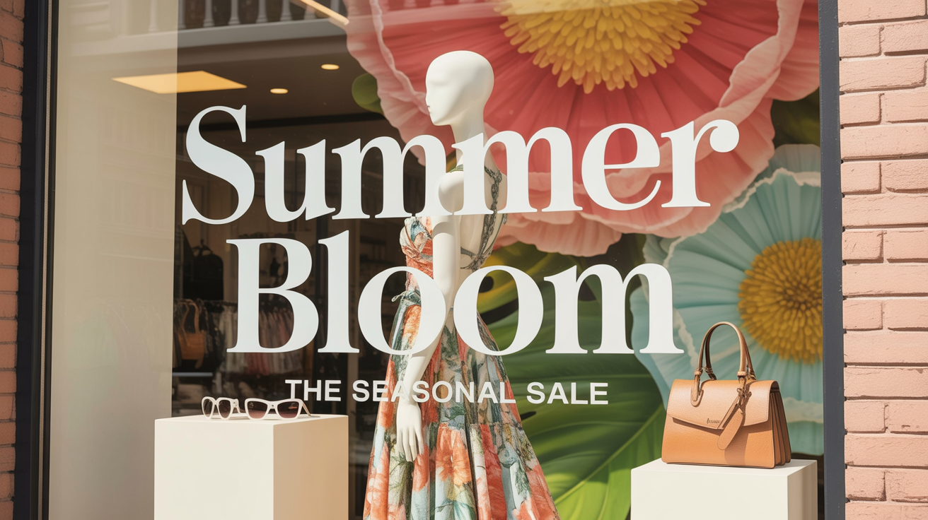 A professionally designed window display for a luxury boutique with a 'Summer Bloom' theme, viewed from the street. A mannequin in a floral dress is centrally featured with upscale accessories, set against a botanical graphic backdrop, with elegant text on the window.