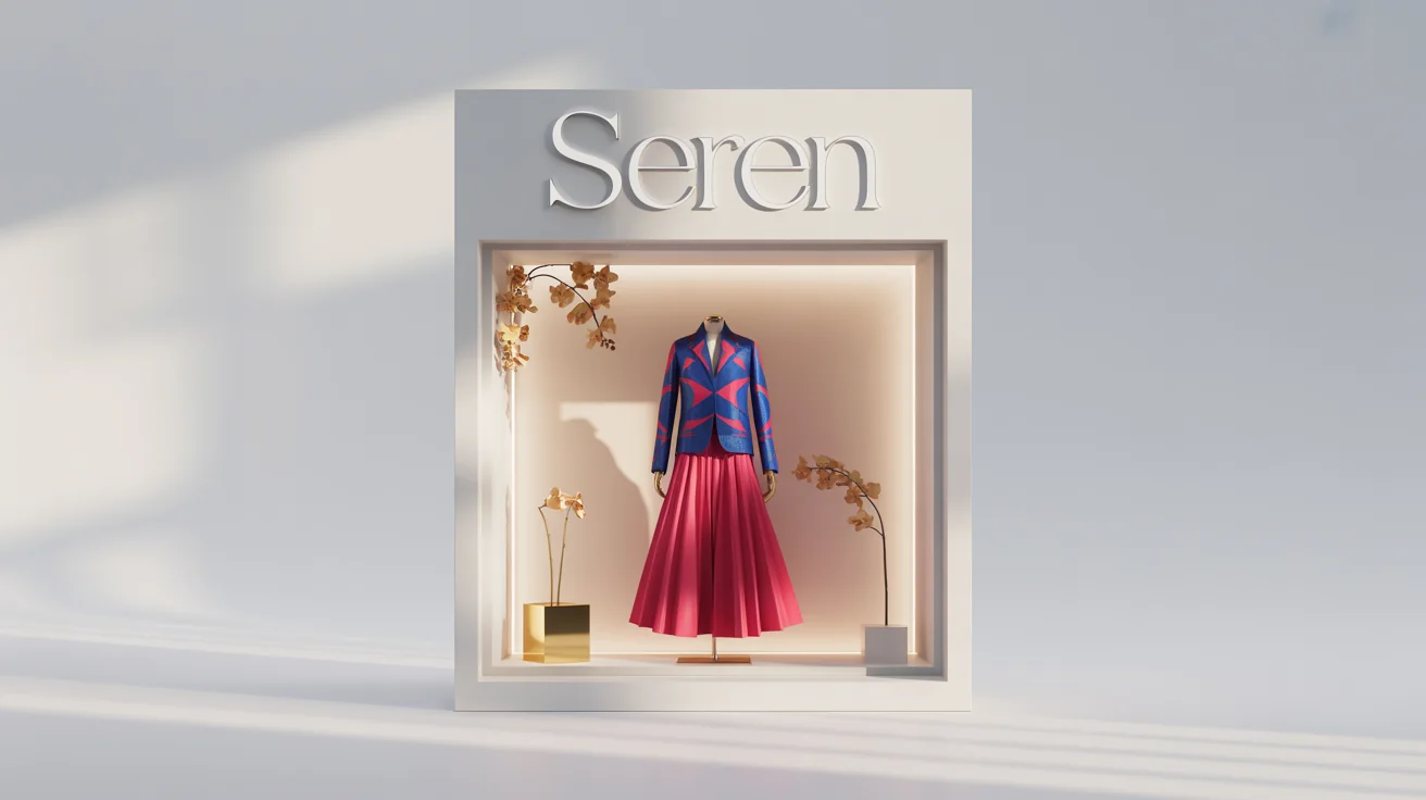 A high-end retail window display for a brand named 'SEREN', featuring a stylishly dressed mannequin and artistic props, set against a clean white background.
