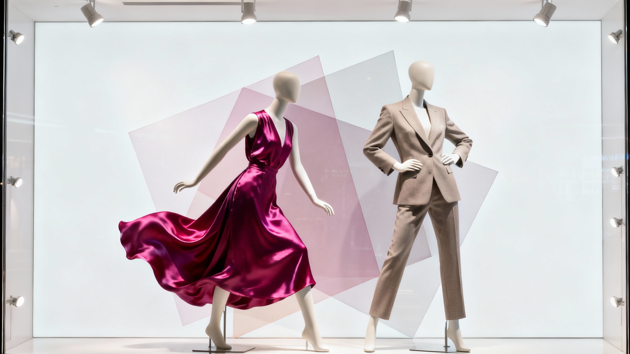 A professional mockup of a modern and luxurious window display for a fashion boutique, featuring two mannequins in stylish outfits, isolated against a plain white background.