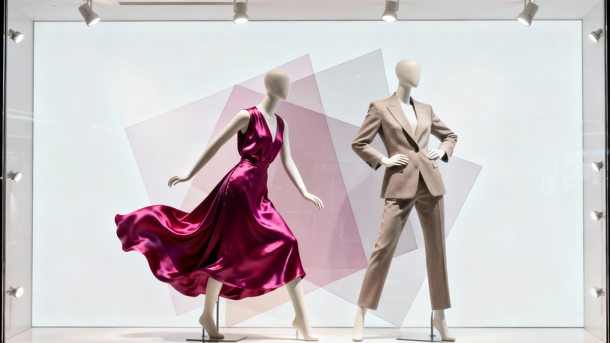 A professional mockup of a modern and luxurious window display for a fashion boutique, featuring two mannequins in stylish outfits, isolated against a plain white background.