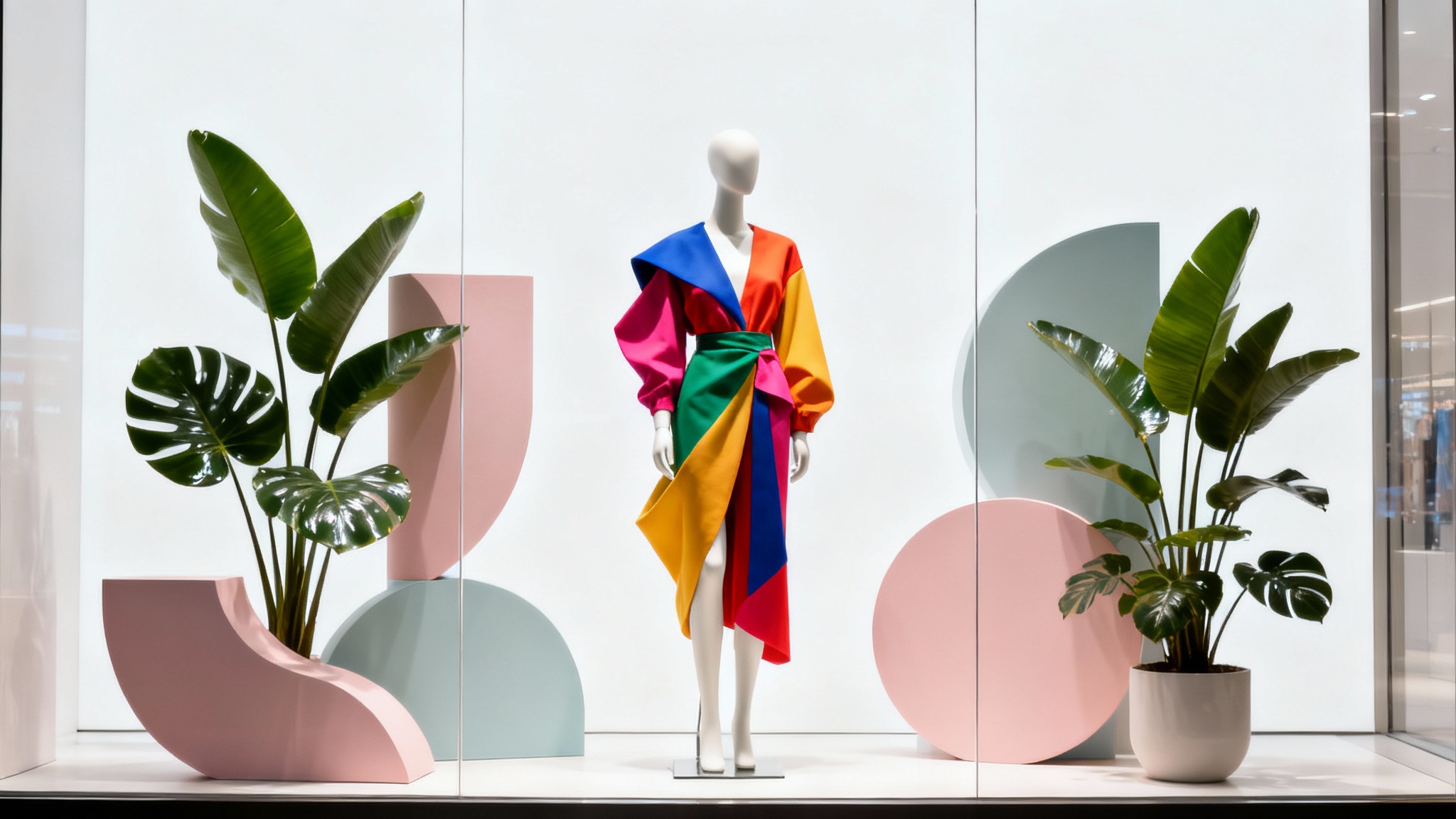 A photorealistic mockup of a modern boutique window display, featuring a stylishly dressed mannequin, geometric props, and plants, all set against a clean white background.