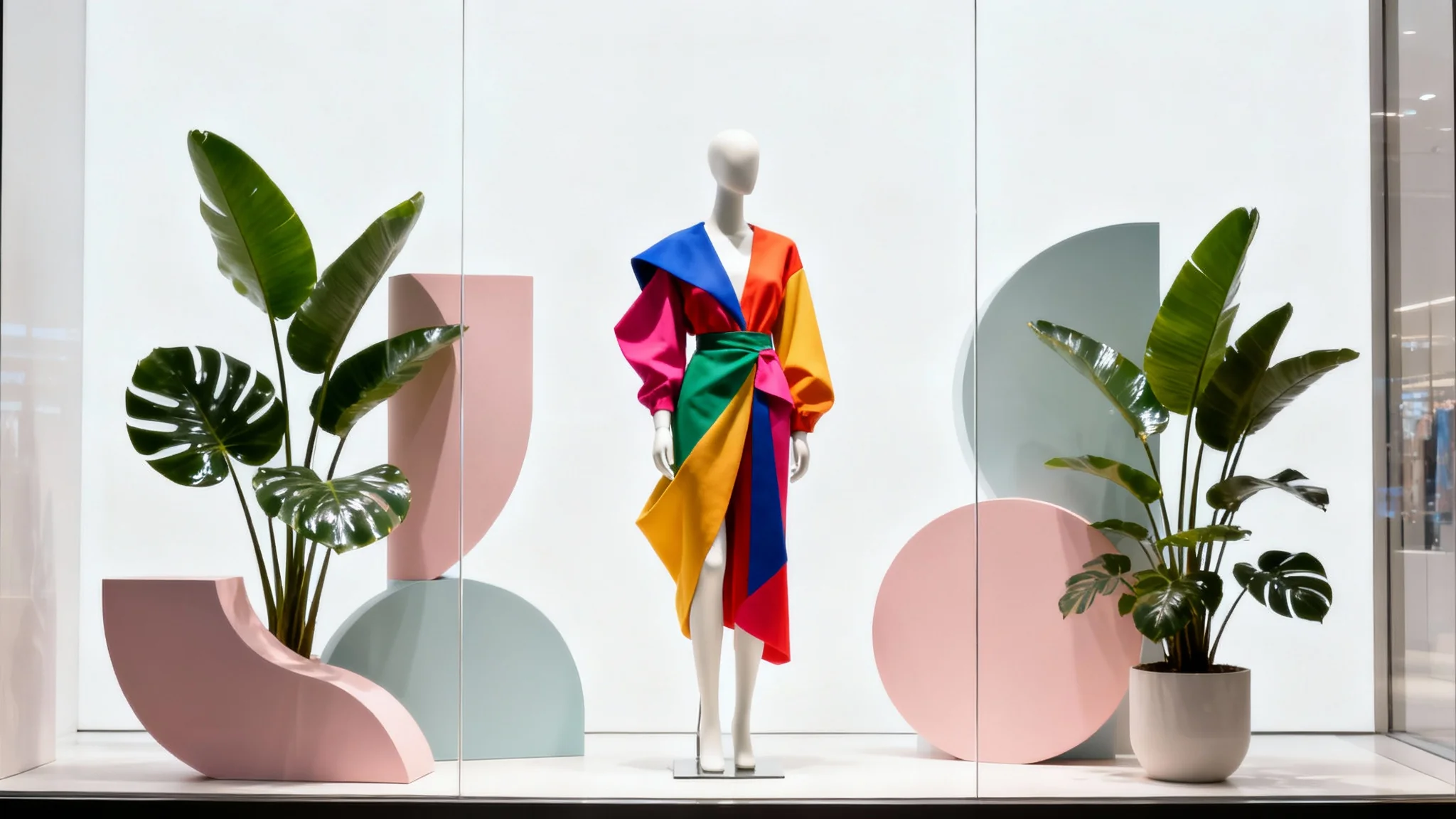 A photorealistic mockup of a modern boutique window display, featuring a stylishly dressed mannequin, geometric props, and plants, all set against a clean white background.