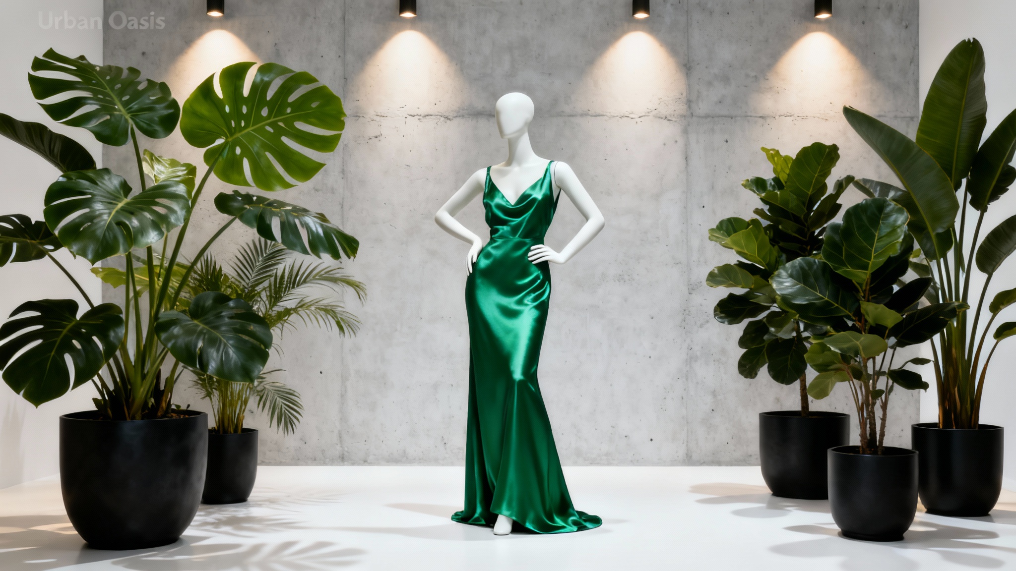 A modern and luxurious window display mockup featuring a mannequin in an emerald green dress surrounded by tropical plants against a gray textured wall, all on a white background.