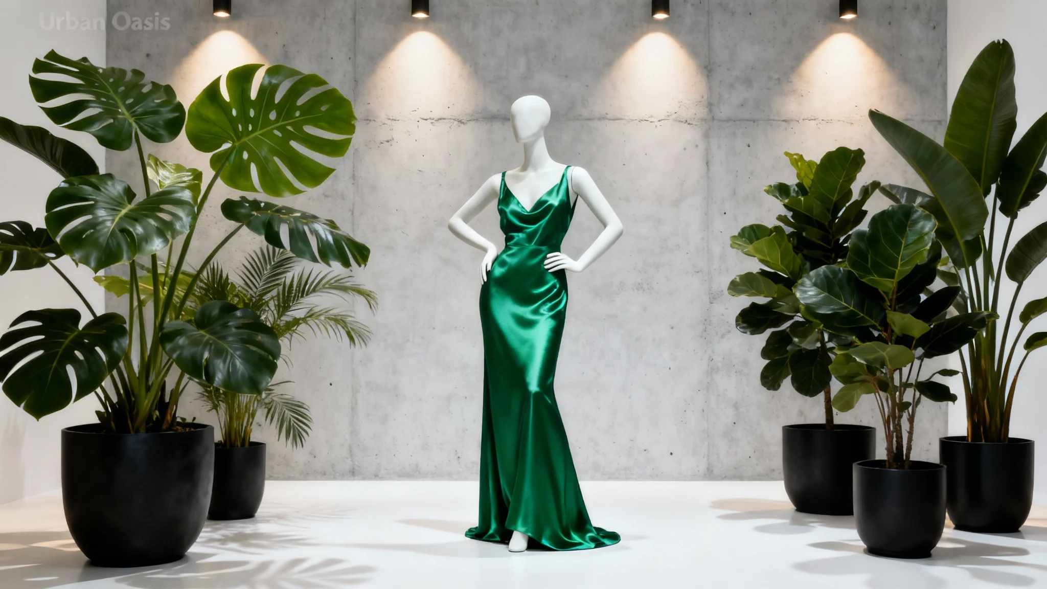 A modern and luxurious window display mockup featuring a mannequin in an emerald green dress surrounded by tropical plants against a gray textured wall, all on a white background.