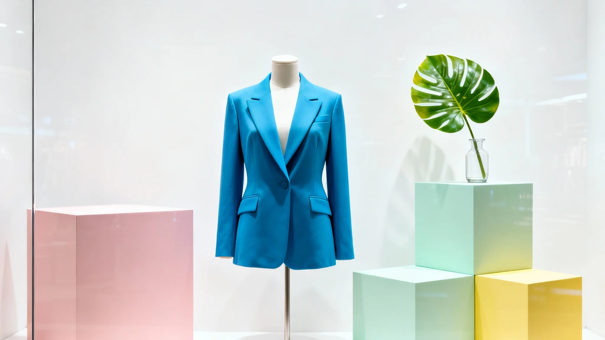A modern and artistic window display mockup featuring a mannequin in a blue blazer and colorful geometric blocks on a clean white background.
