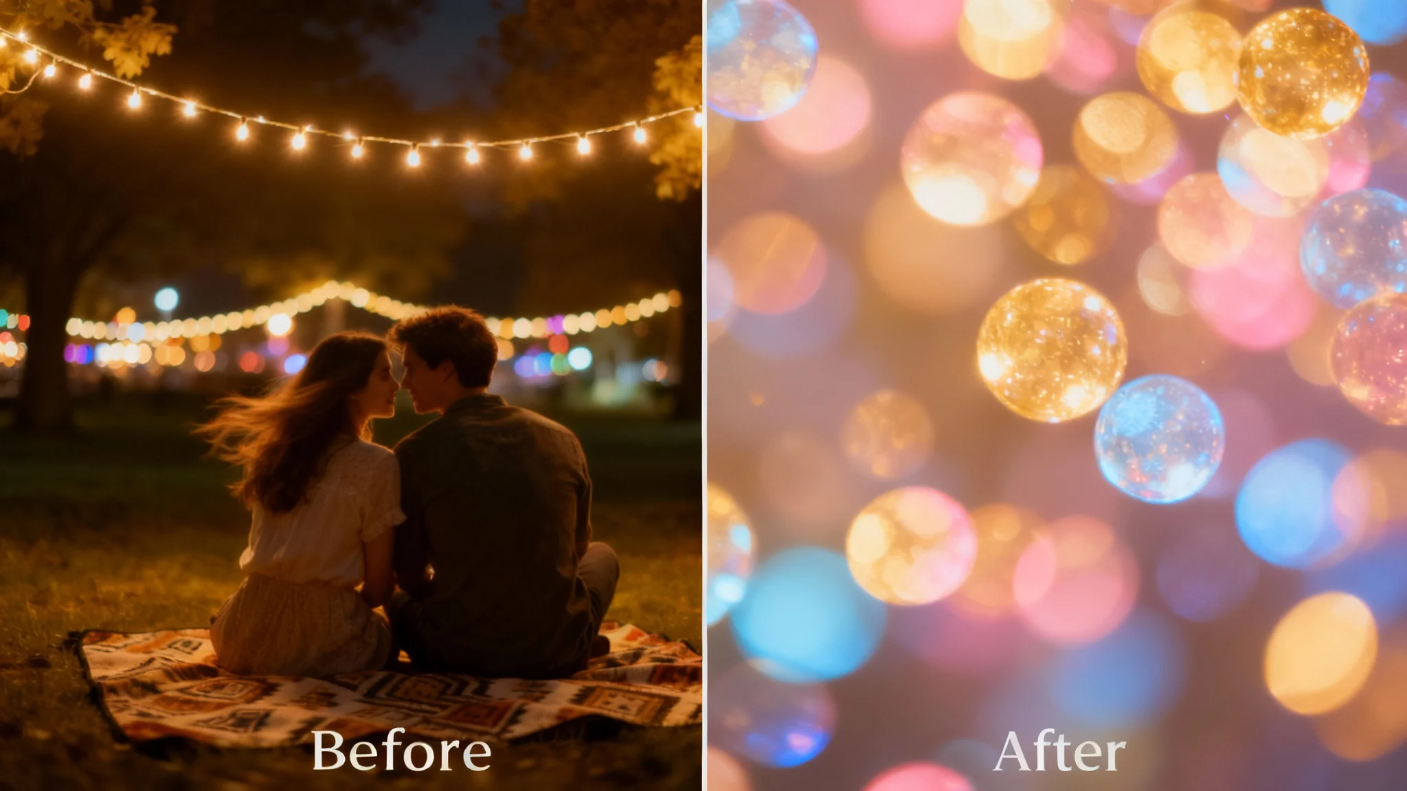 A split-screen comparison showing a photo before and after a bokeh light overlay. The 'before' side is a simple night picnic photo, while the 'after' side shows the same scene enhanced with dozens of magical, colorful, glowing bokeh lights.