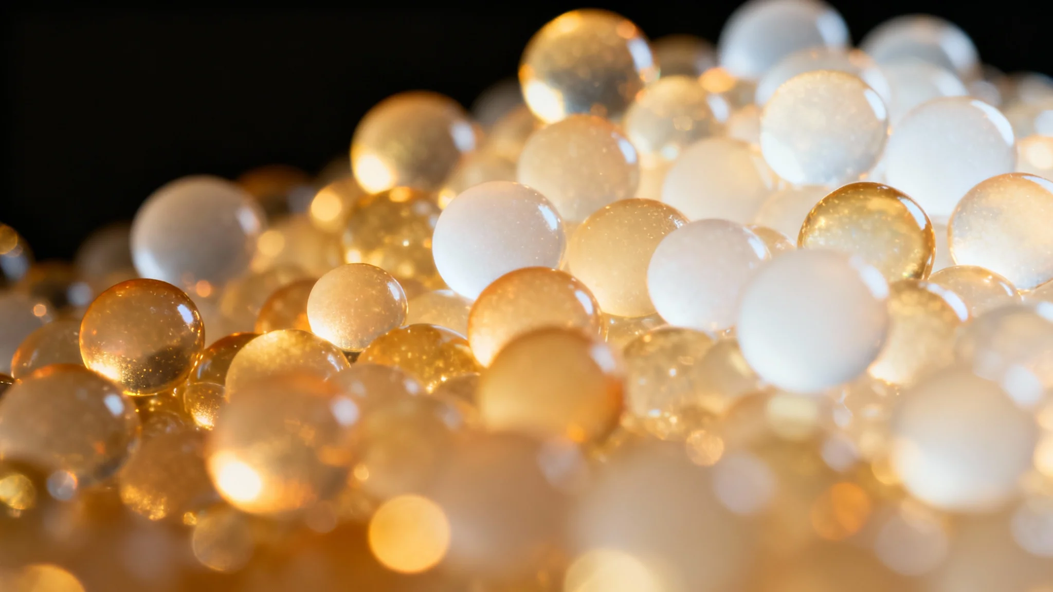 An abstract macro photograph of a bokeh light effect, featuring soft, glowing orbs of gold and amber floating against a dark background to create a dreamy and magical atmosphere.