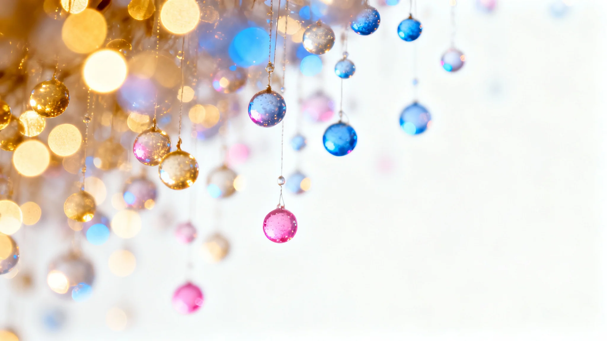 A beautiful mockup image demonstrating a bokeh light overlay, featuring a cluster of soft, colorful light orbs in gold, blue, and magenta against a clean white background.