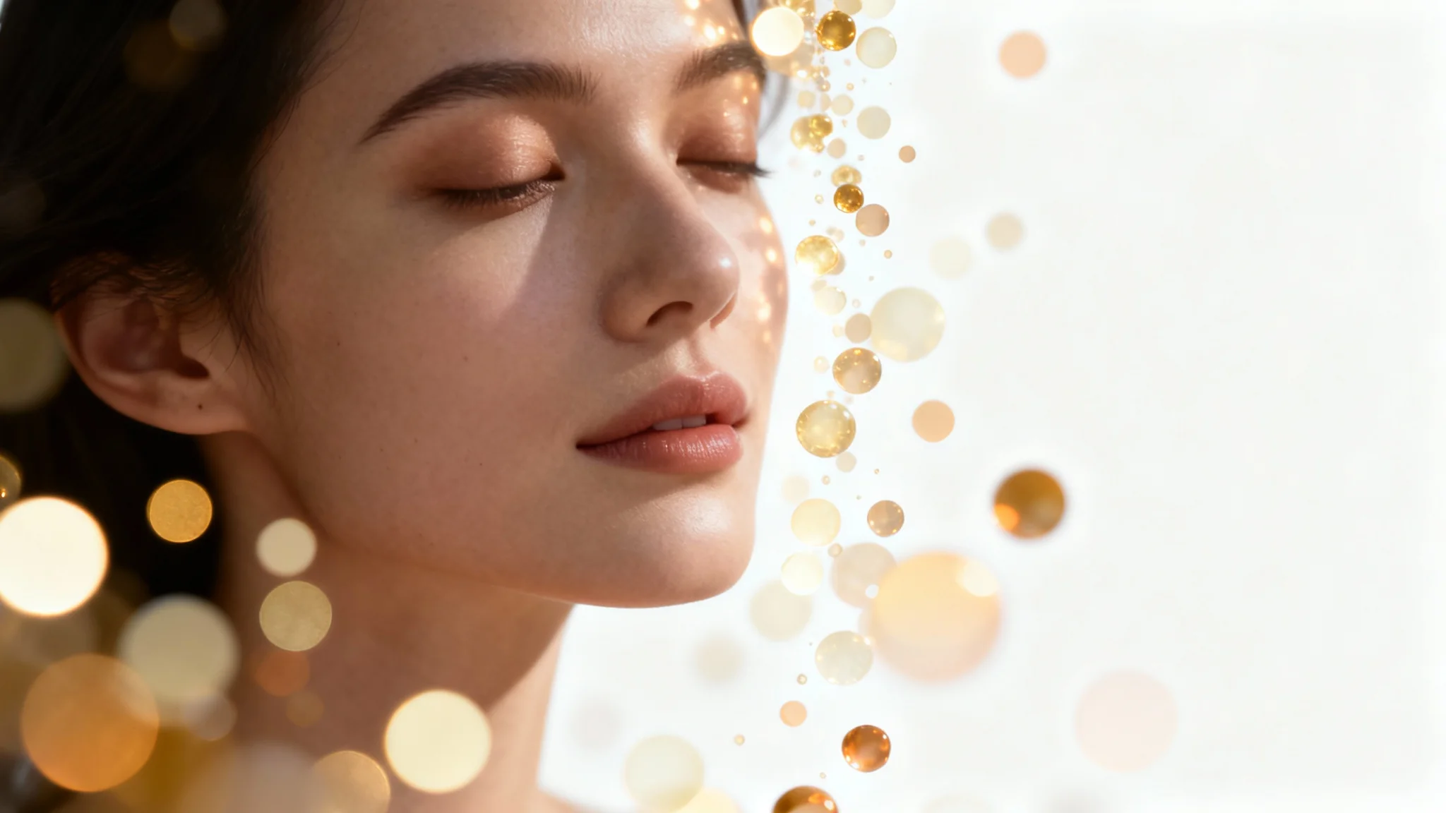 A close-up photograph demonstrating a bokeh light overlay, featuring a woman's serene face surrounded by soft, glowing golden orbs of light against a dark background, presented on a white backdrop.