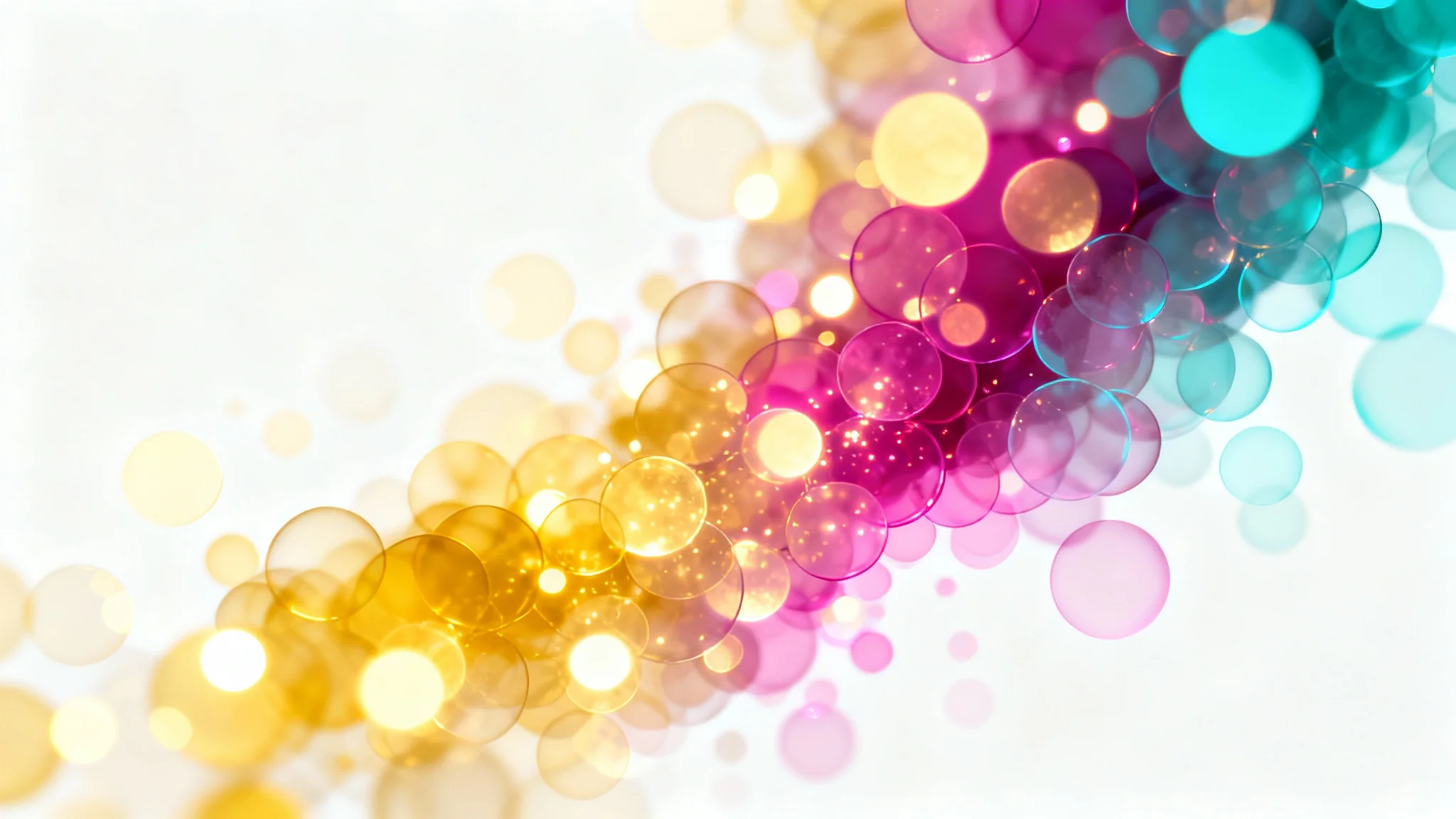 A vibrant display of colorful bokeh light orbs, in gold, pink, and blue, creating a dreamy and sparkling overlay effect, isolated on a white background.