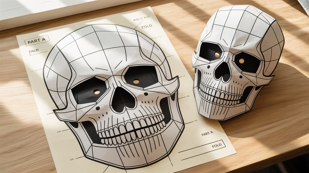 A flat lay view of a printable papercraft pattern for a skull mask, laid out on a wooden table next to the completed, intricate 3D paper mask.