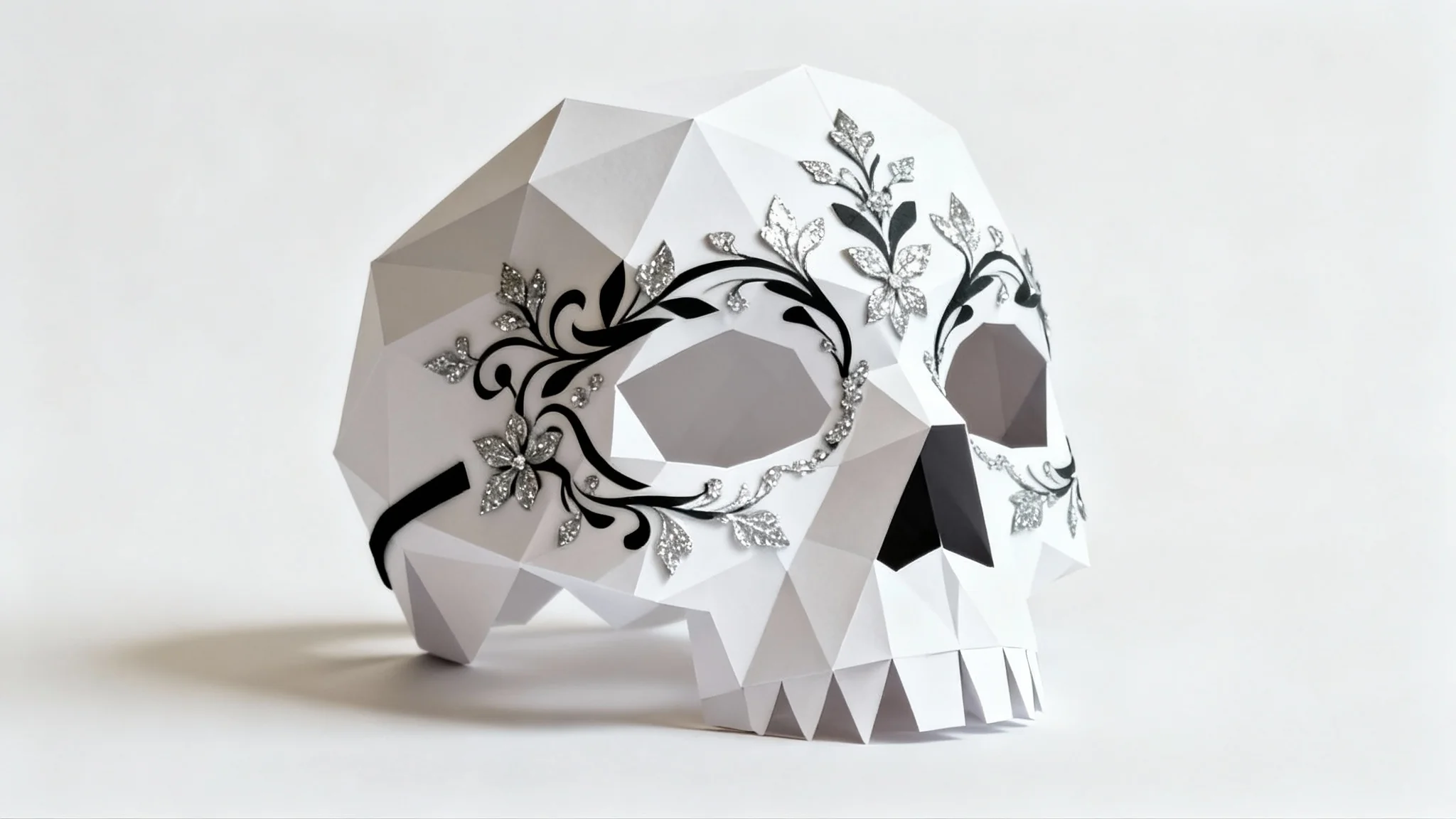 An intricate, low-poly style skull mask crafted from white paper, featuring black and silver floral designs, set against a plain white background.