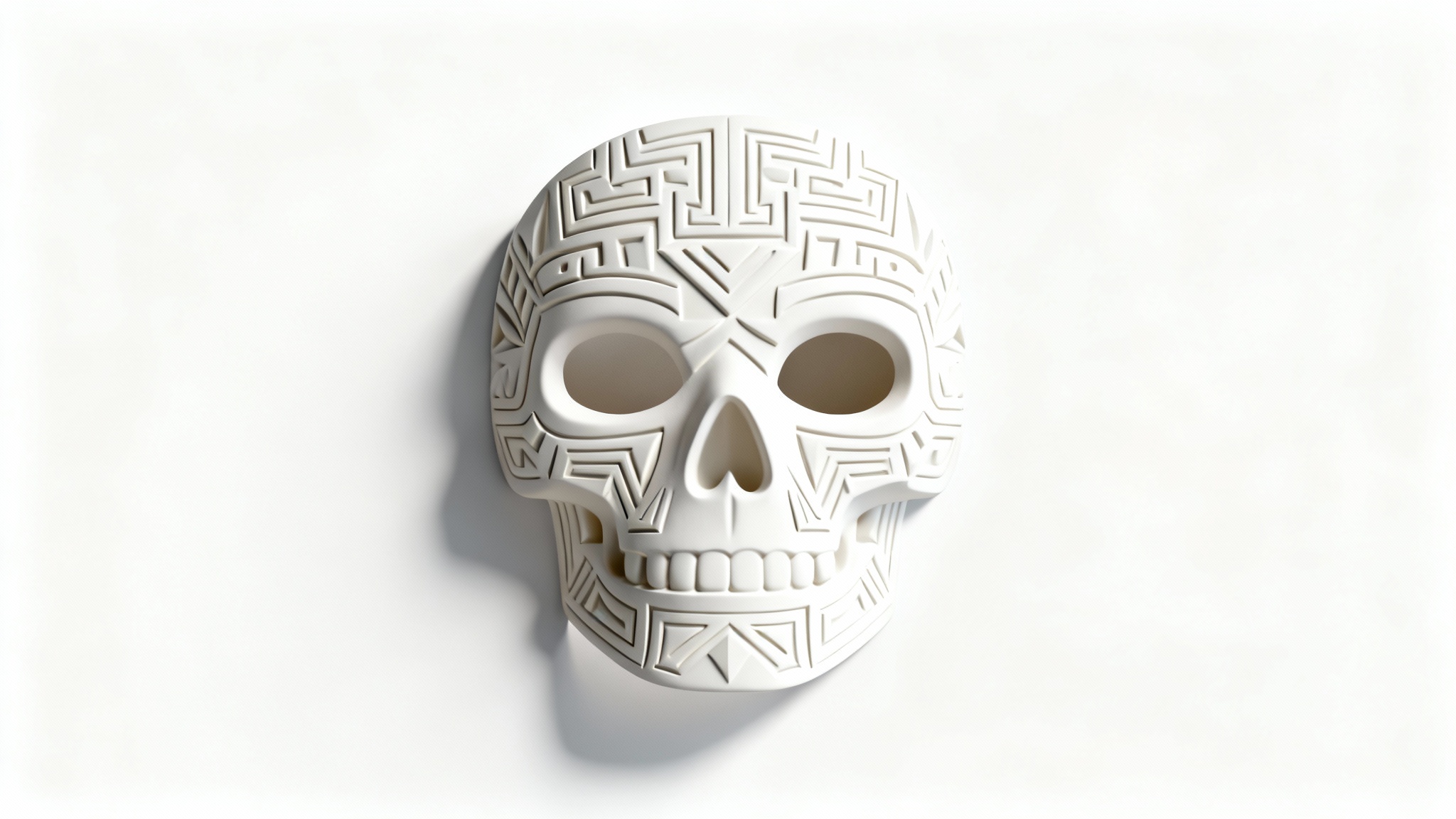 A detailed, front-facing mockup of a white skull mask featuring intricate, carved geometric and Mesoamerican-style patterns, set against a plain white background.