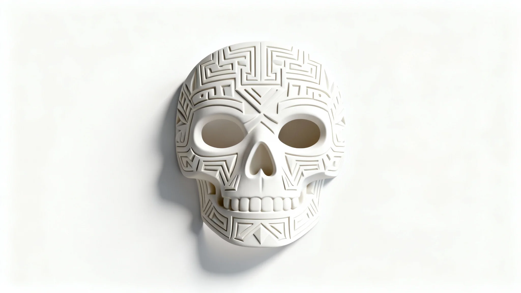 A detailed, front-facing mockup of a white skull mask featuring intricate, carved geometric and Mesoamerican-style patterns, set against a plain white background.