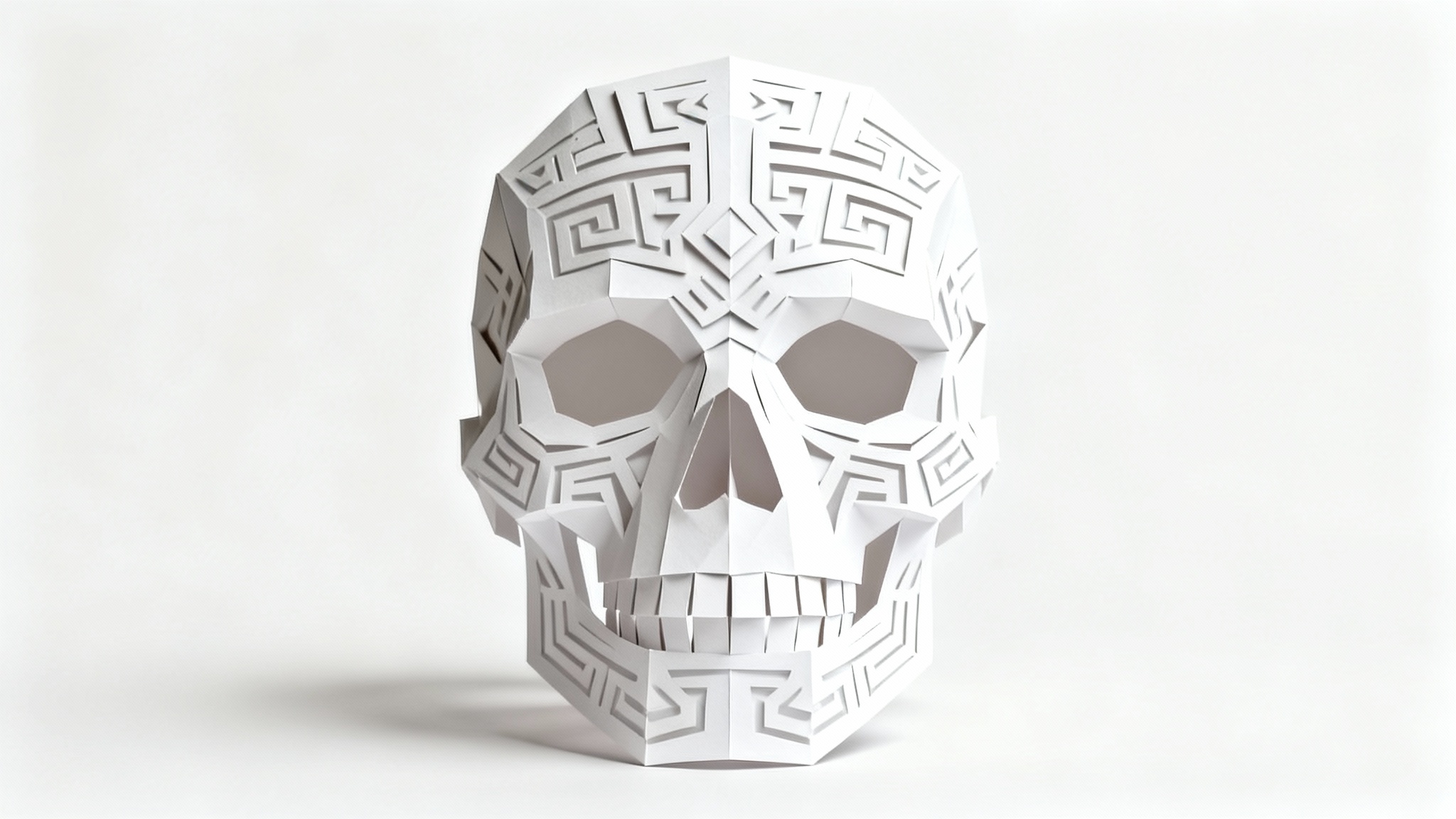 A highly detailed, symmetrical papercraft skull mask with intricate geometric patterns, displayed centrally against a solid white background.