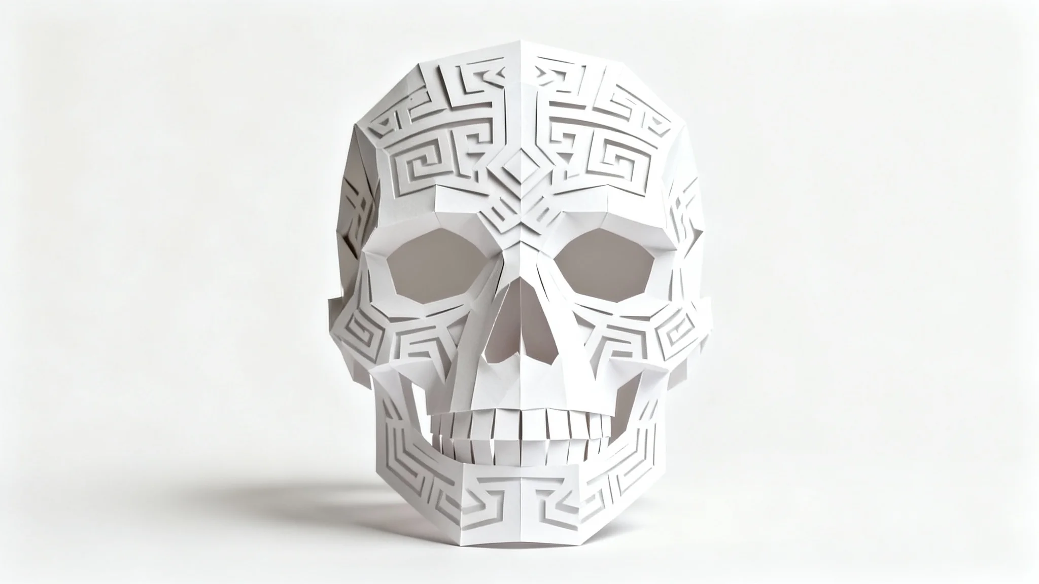 A highly detailed, symmetrical papercraft skull mask with intricate geometric patterns, displayed centrally against a solid white background.