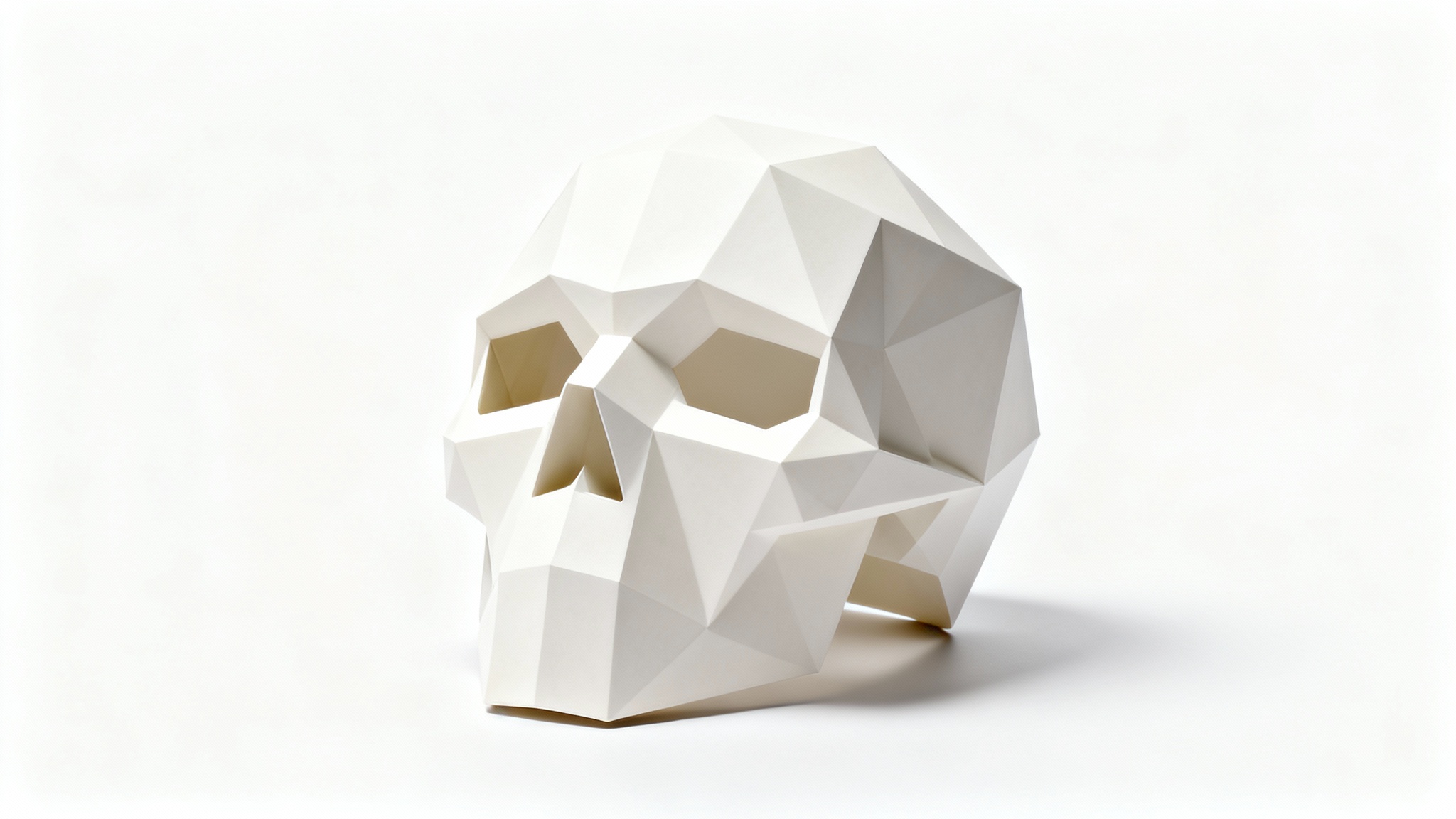 A minimalist, geometric low-poly skull mask in a bone-white finish, presented as a product shot against a stark white background.