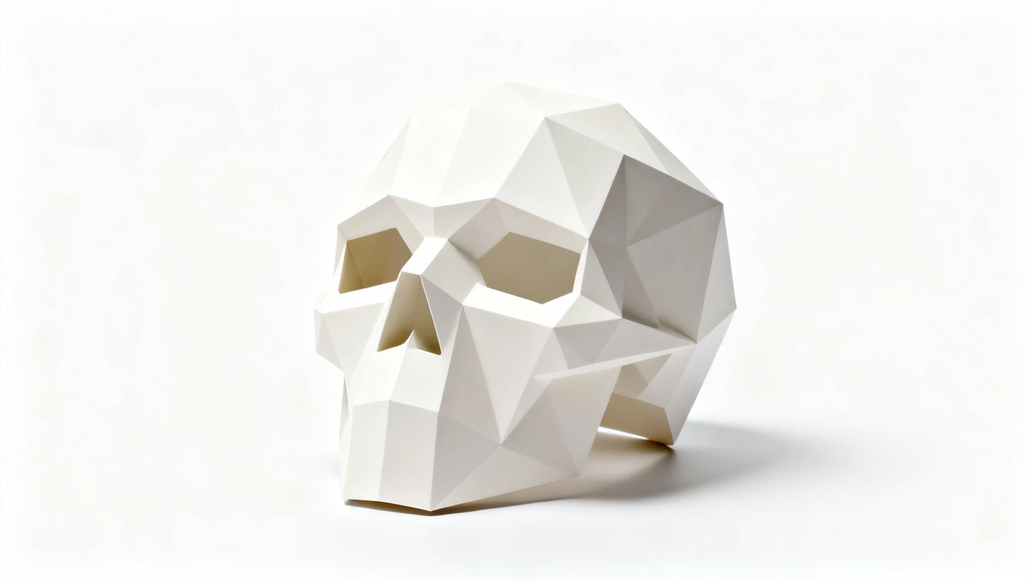 A minimalist, geometric low-poly skull mask in a bone-white finish, presented as a product shot against a stark white background.