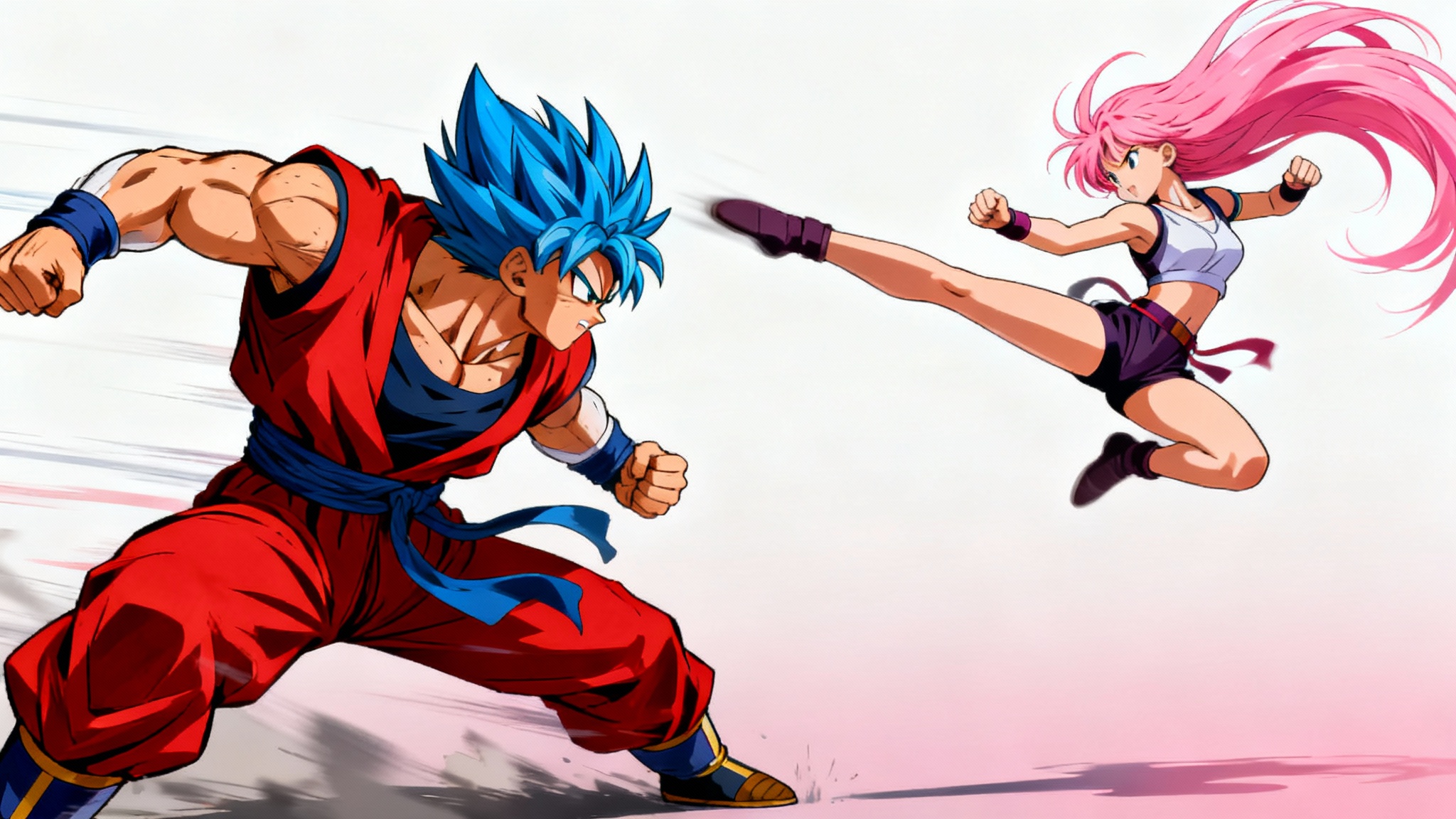 A dynamic digital illustration of two anime characters in a fierce fight. A blue-haired male warrior crouches to attack while a pink-haired female fighter leaps to kick, set against a simple background, representing a final generated art piece.