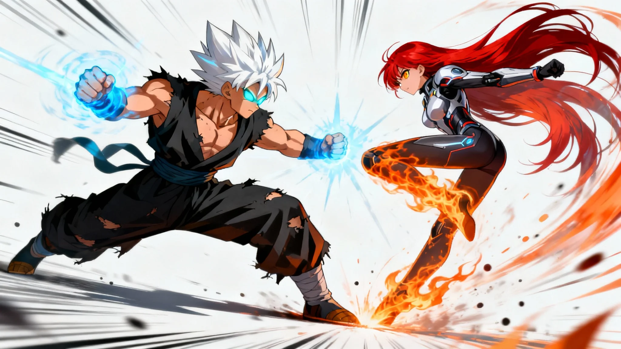 Two anime characters, a male with white hair and a female with red hair, frozen mid-battle in dynamic fighting poses against a white background, showcasing an intense action scene with energy effects.