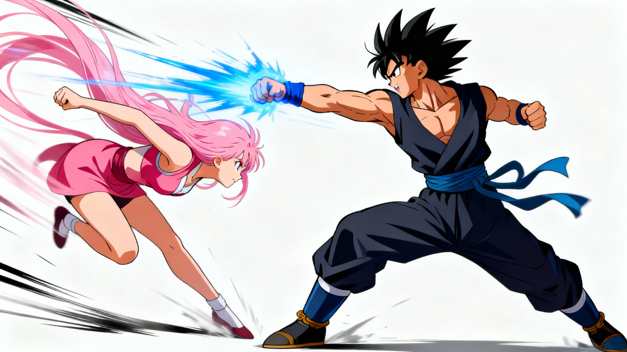 Two anime characters in a dynamic fighting scene against a white background, demonstrating dramatic and energetic poses.
