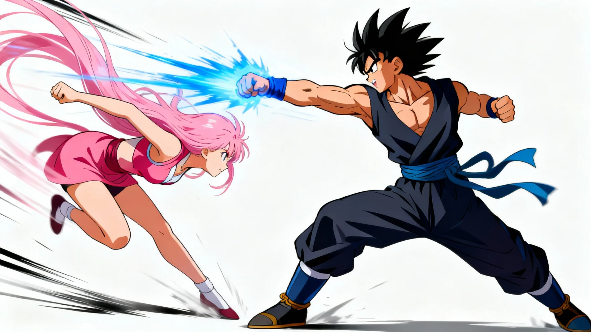 Two anime characters in a dynamic fighting scene against a white background, demonstrating dramatic and energetic poses.