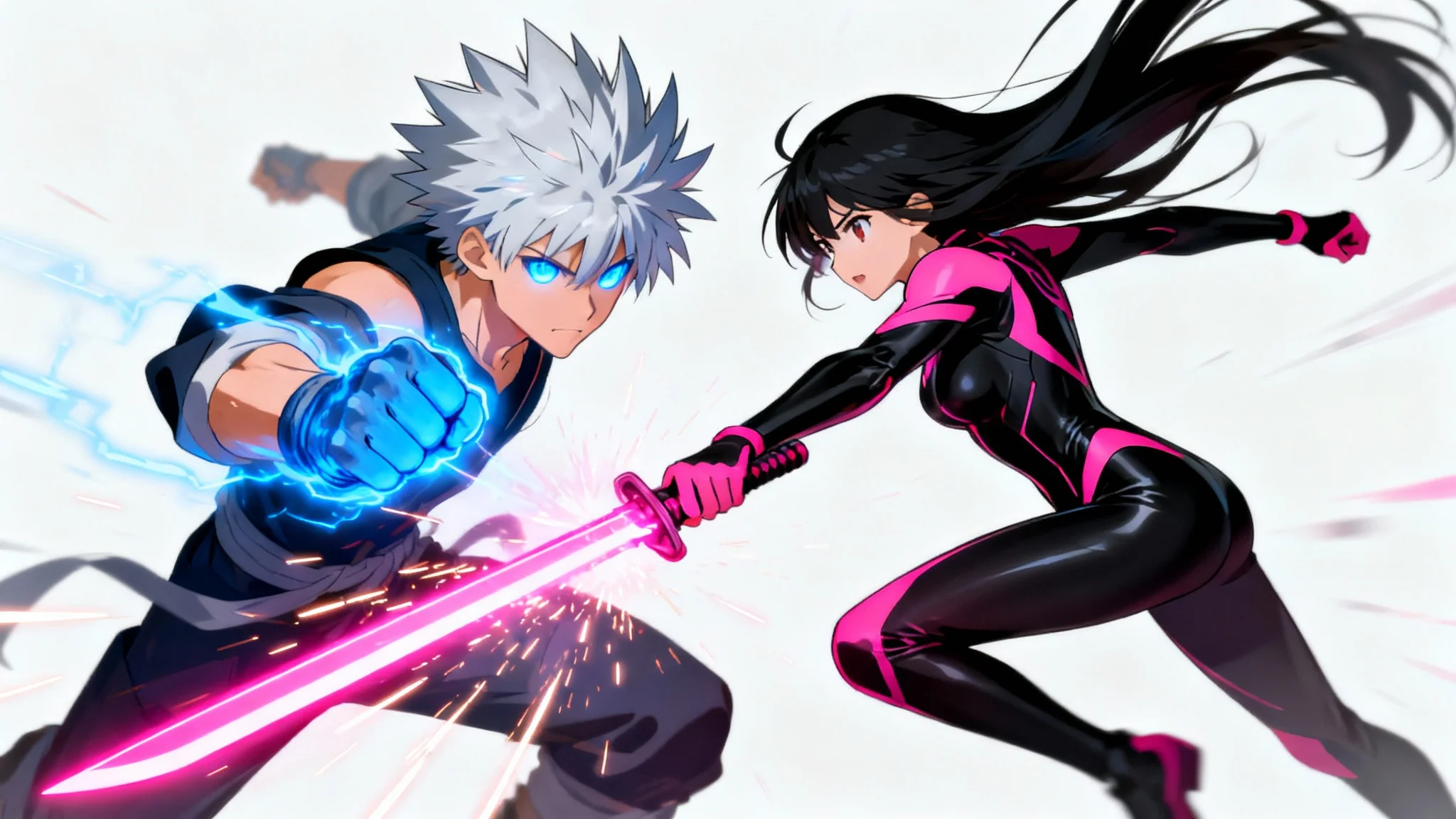 Two anime characters, a man with silver hair and a woman with black hair, in a dynamic fighting pose against a white background.