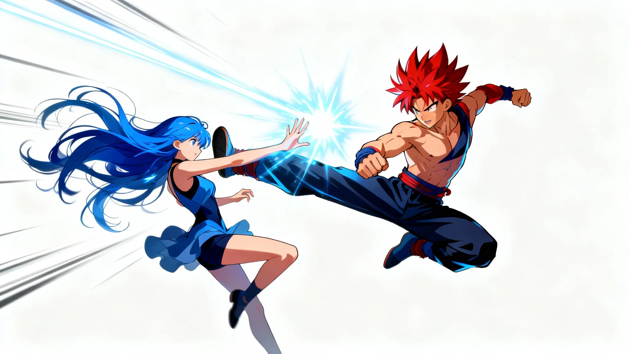 An illustration of two anime characters in a dynamic fighting pose on a white background, one delivering a powerful kick while the other dodges and prepares a counter-attack.