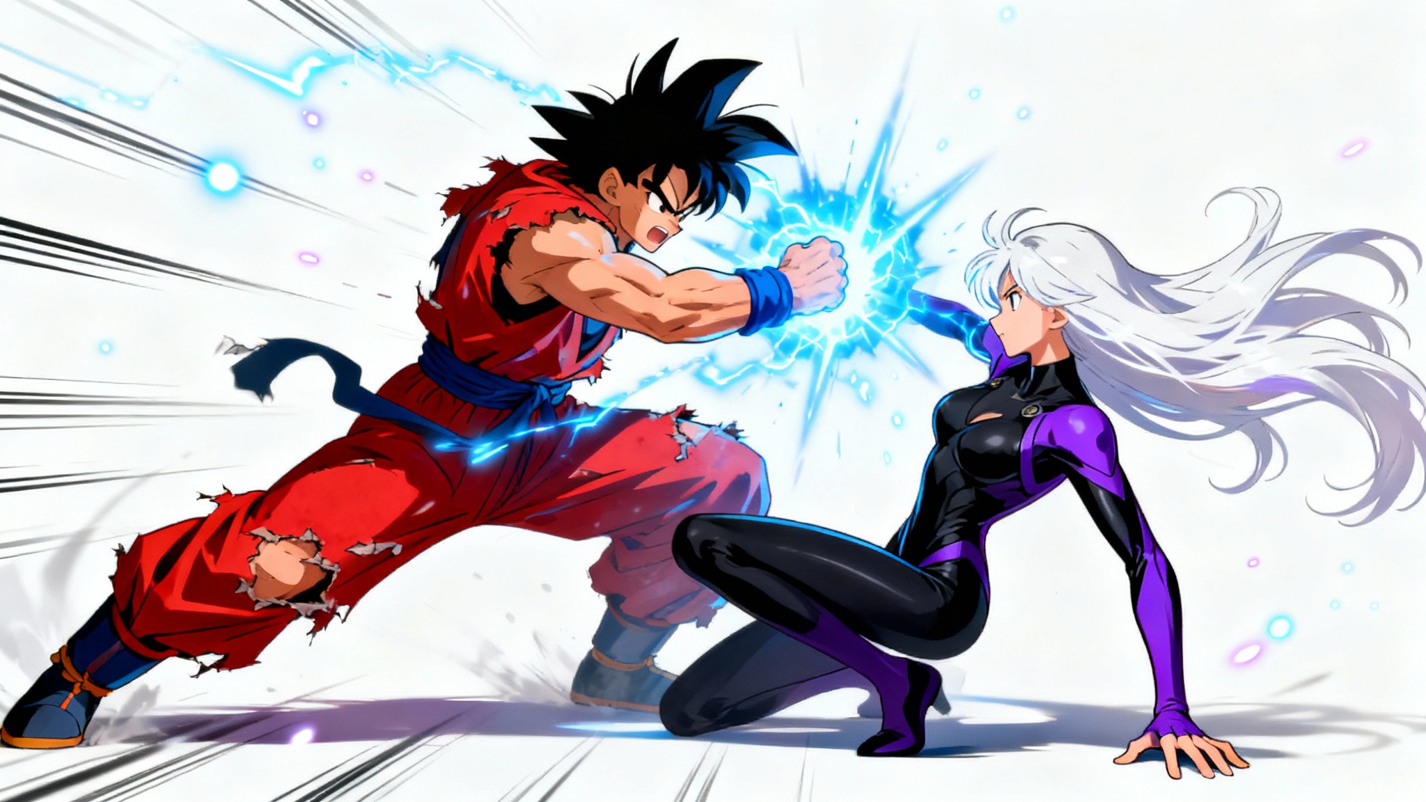 Two anime characters locked in a dynamic fighting pose, with one lunging for a punch and the other dodging, set against a clean white background.