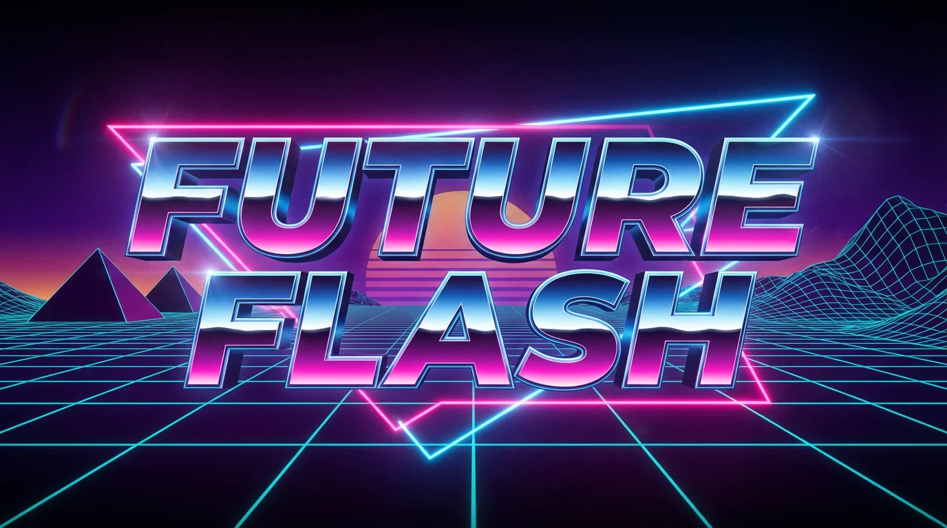 A vibrant 80s-style text effect featuring the words "FUTURE FLASH" in bold chrome letters outlined in glowing pink and blue neon, set against a dark purple and black gradient background with a grid pattern.