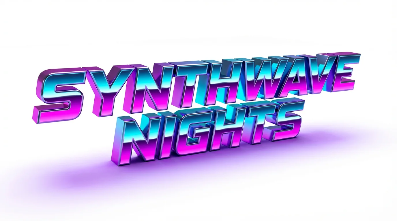 A 3D mockup of the text 'Synthwave Nights' in a shiny 80s chrome style with pink and blue gradients, set against a plain white background.