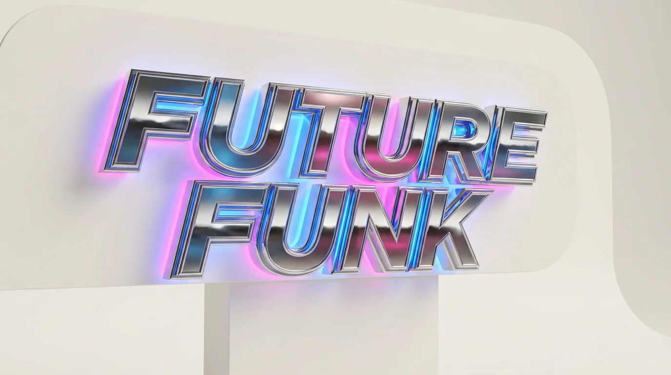 A mockup of 80s-style text with the words 'FUTURE FUNK' in a shiny chrome font, glowing with vibrant pink and blue neon light against a plain off-white background.