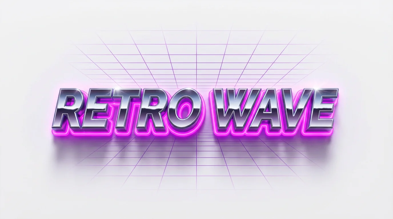 A mockup of 80s-style text featuring the words 'RETRO WAVE' in a polished chrome finish with a bright pink neon backlight, set against a clean white background.