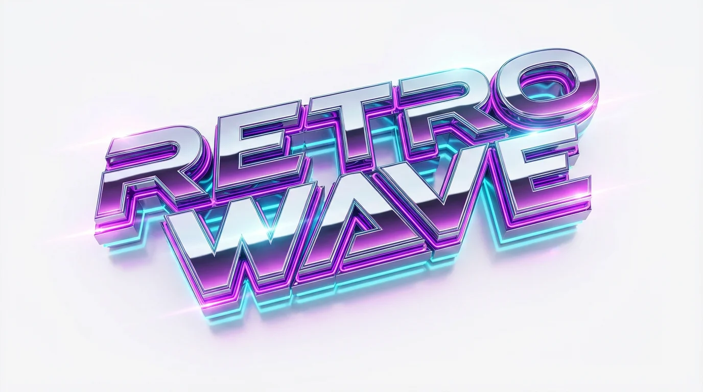 A mockup of an 80s text effect, showing the words 'RETRO WAVE' in a shiny chrome font with bright pink and blue neon glows, set against a plain white background.