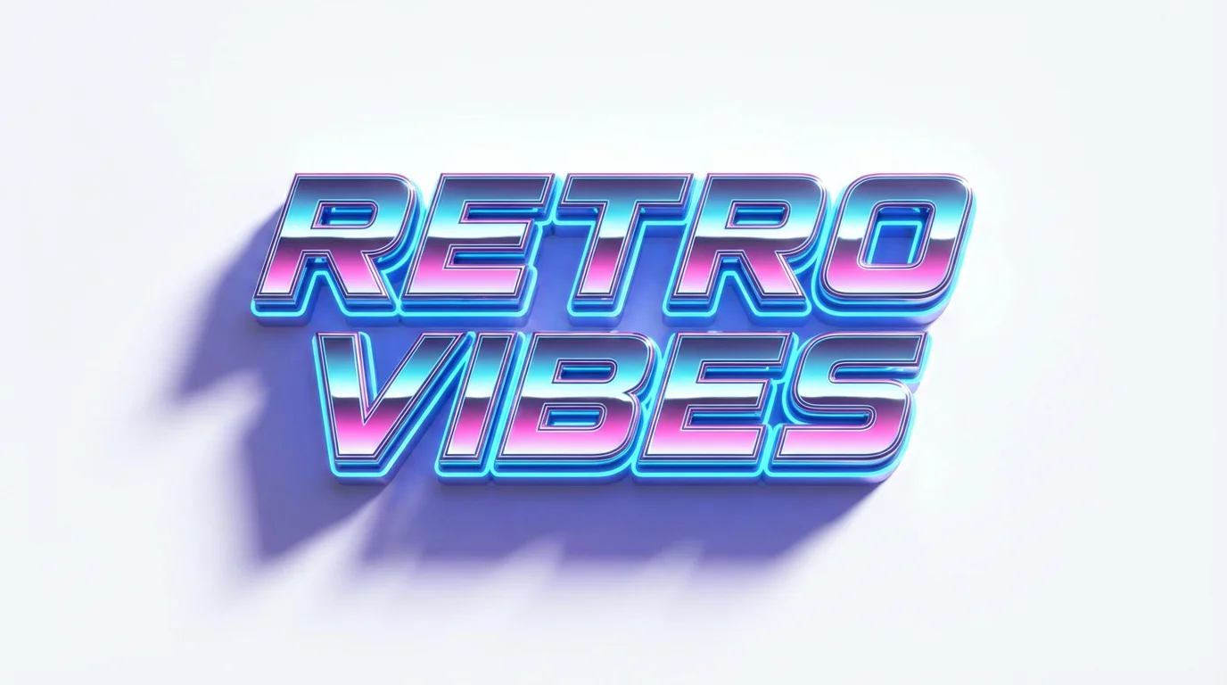 A mockup of the words 'Retro Vibes' in a shiny, 3D chrome 80s style font with a pink and blue holographic effect and a neon glow, set against a plain white background.