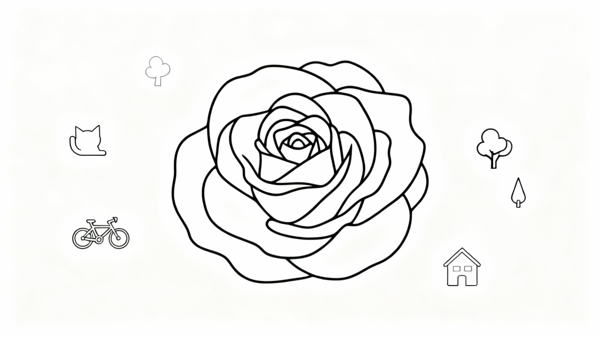 A hero image collage showcasing various objects converted into clean black outlines, including a central large flower surrounded by a cat, a bicycle, a house, and a tree, all on a white background.