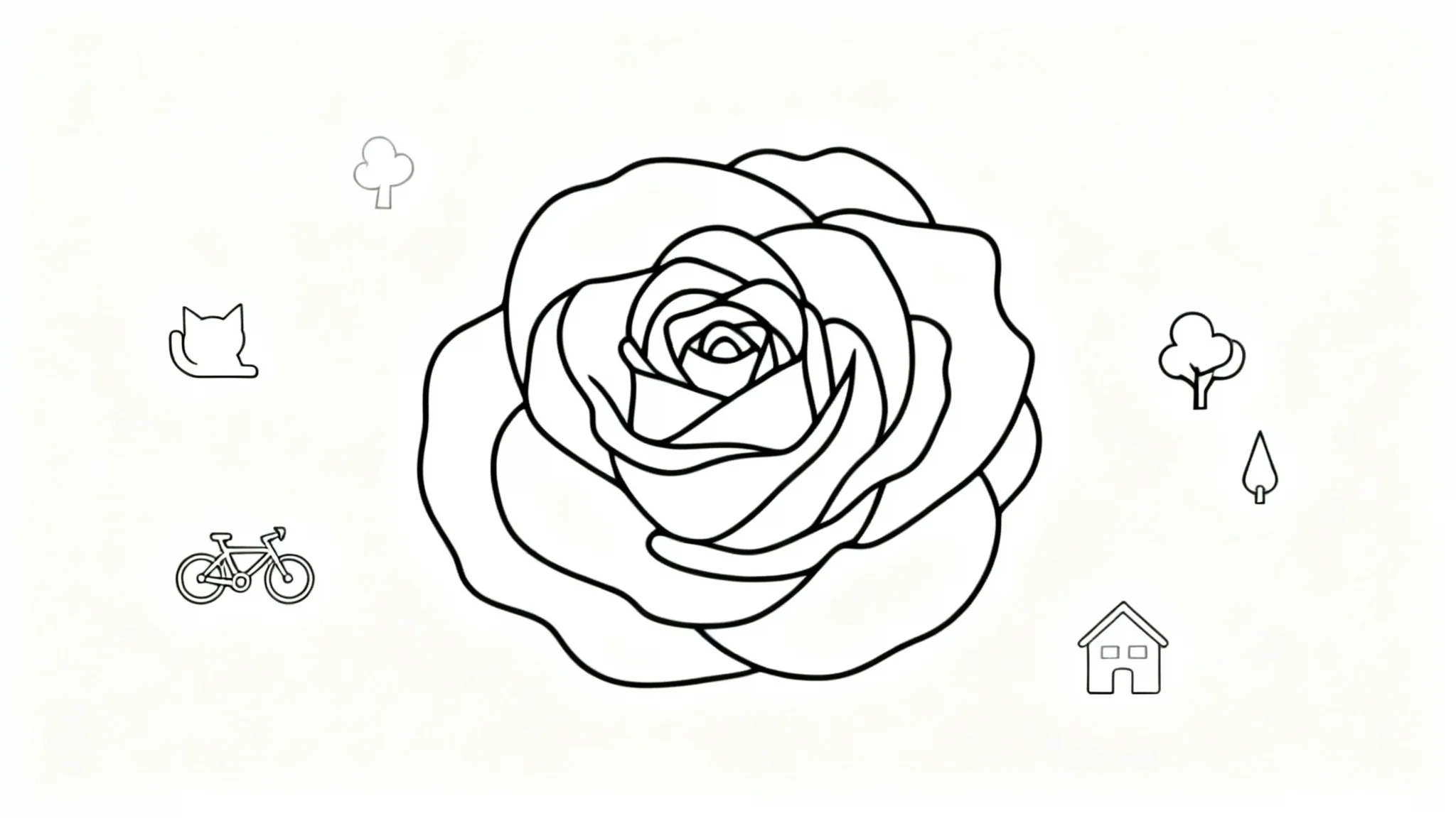 A hero image collage showcasing various objects converted into clean black outlines, including a central large flower surrounded by a cat, a bicycle, a house, and a tree, all on a white background.