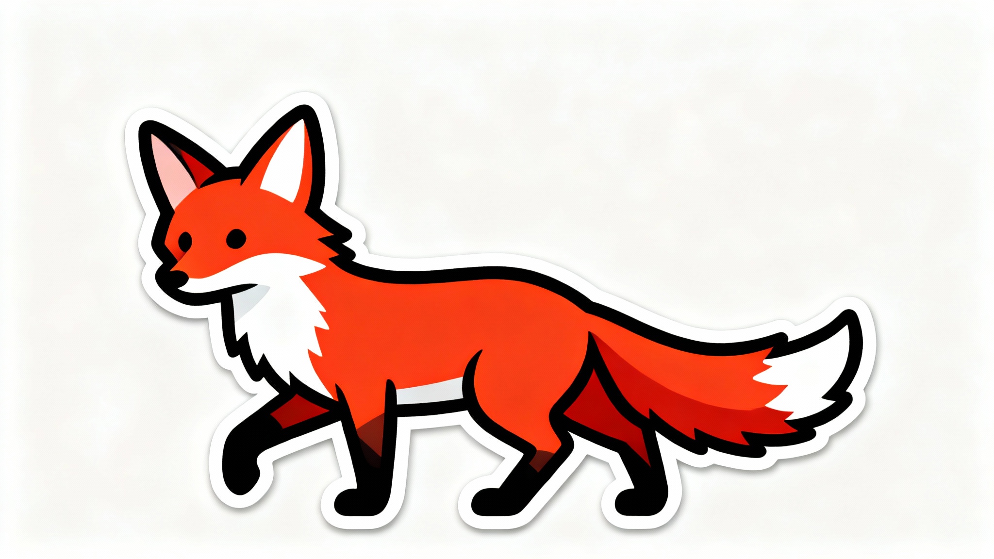 A modern, graphic illustration of a red fox designed as a sticker with a thick, bold black outline, isolated on a white background.