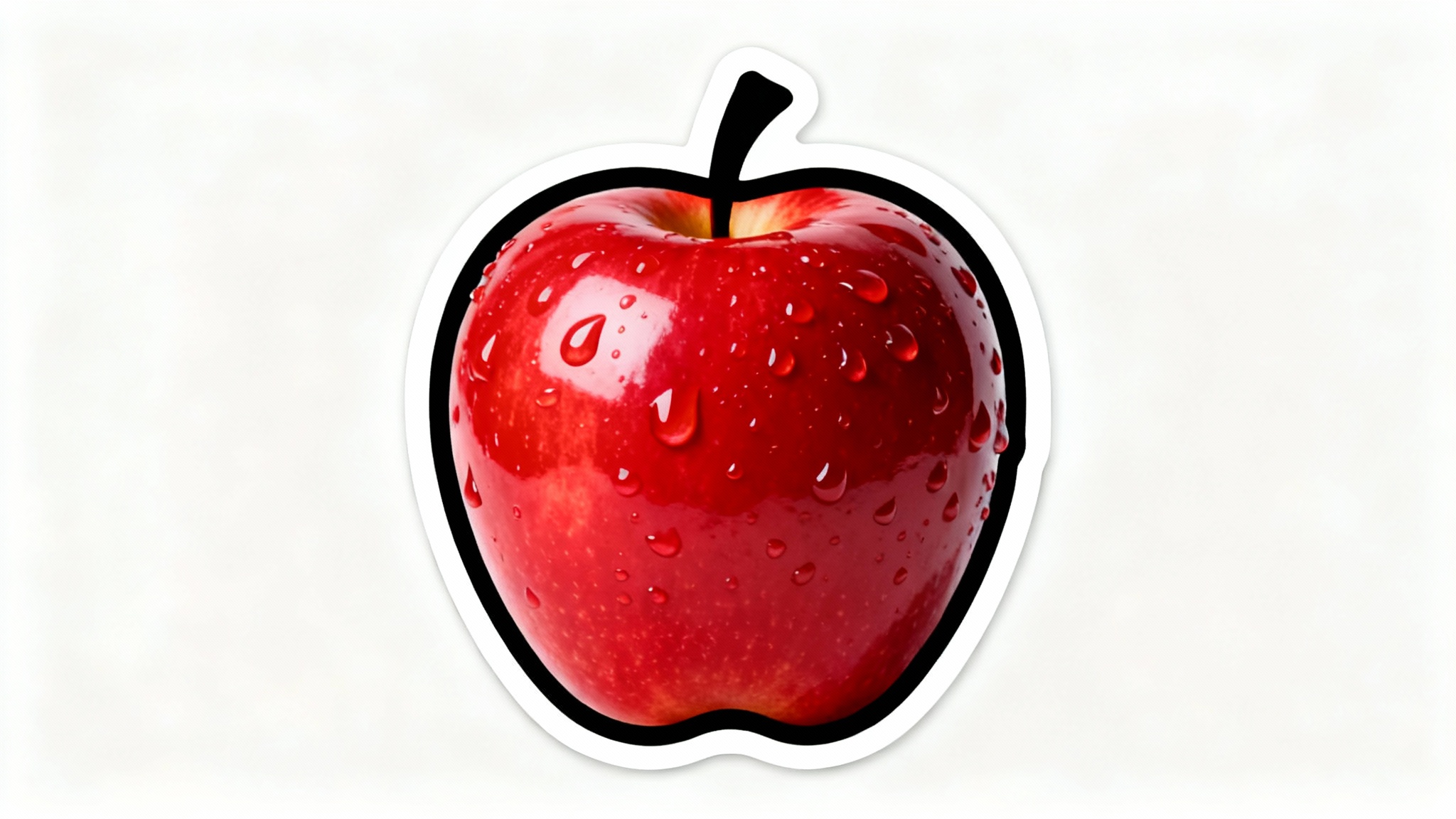 A realistic red apple with a thick black outline around it, styled like a sticker, set against a plain white background.