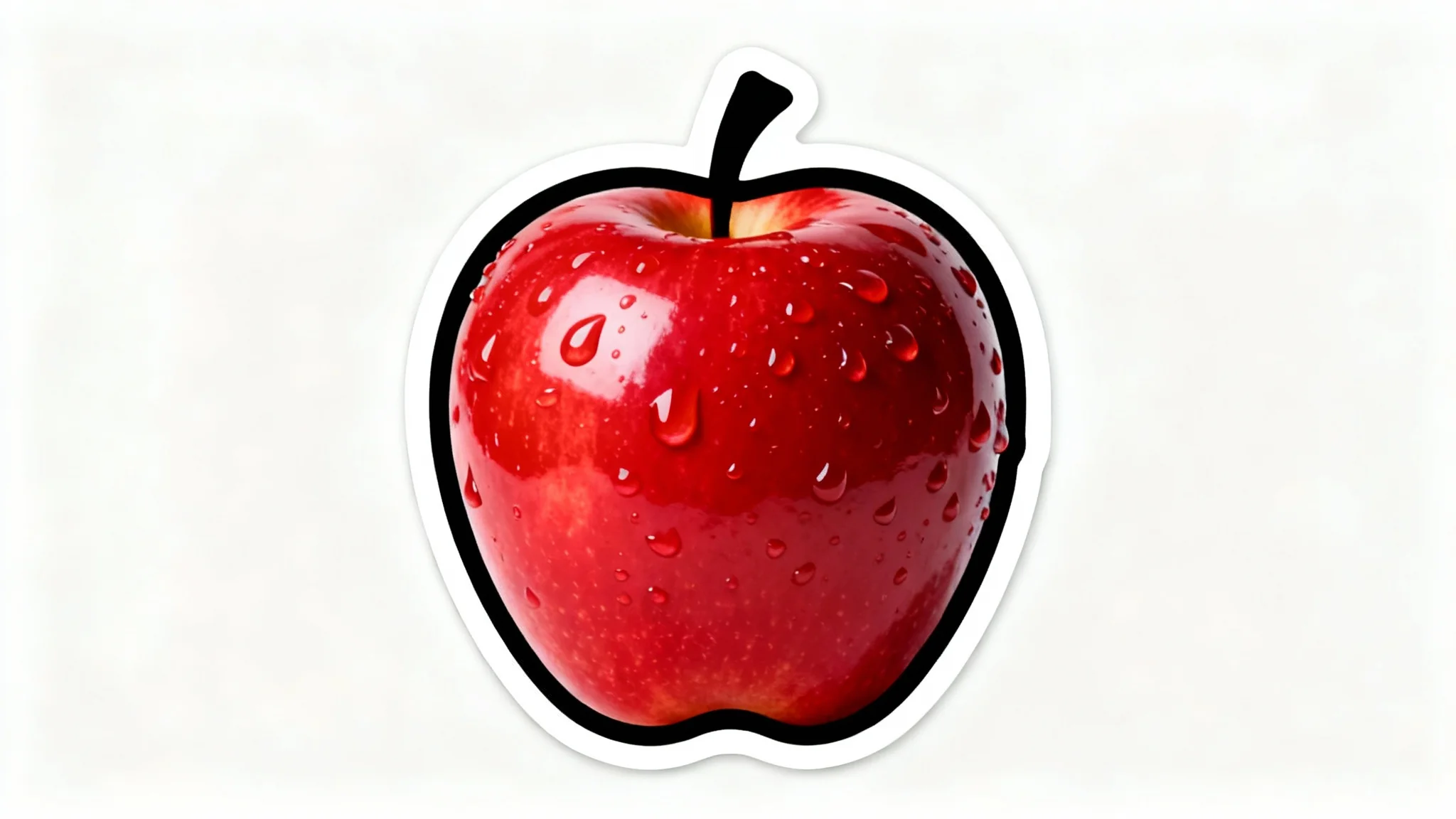 A realistic red apple with a thick black outline around it, styled like a sticker, set against a plain white background.