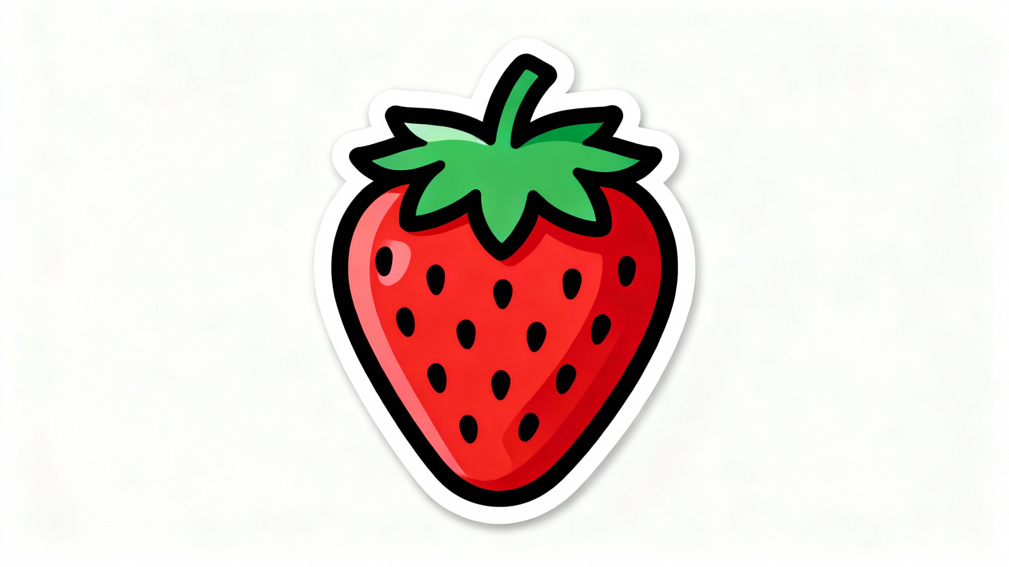 A vector illustration of a red strawberry with a thick black outline, presented in a minimalist sticker style on a clean white background.
