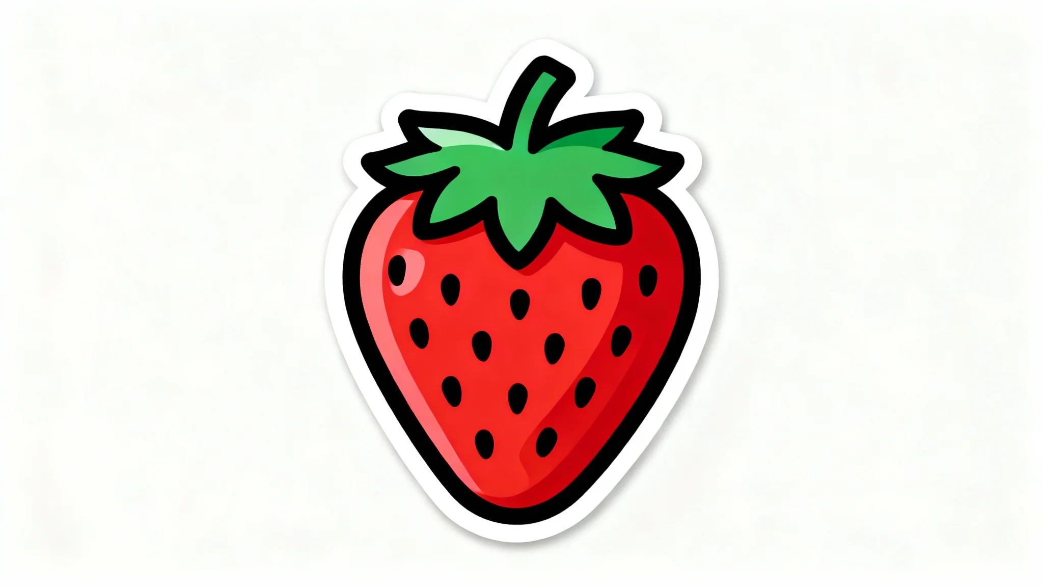 A vector illustration of a red strawberry with a thick black outline, presented in a minimalist sticker style on a clean white background.